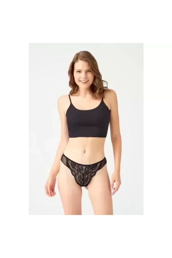 COTONHİLL Önü Dantelli Arkası Tül Transparan Taş Detaylı Kadın Brezilya Külot-SİYAH