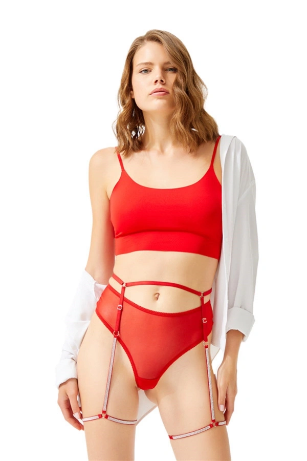 COTTONHİLL Kırmızı Ayarlanabilir Taş Detaylı  Külotlu Kadın Jartiyer