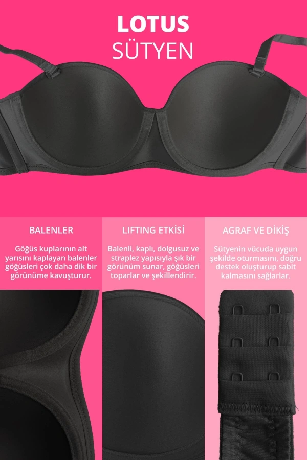 COTTONHİLL Balenli Toparlayıcı Dolgusuz Straplez Lotus Sütyen-SİYAH