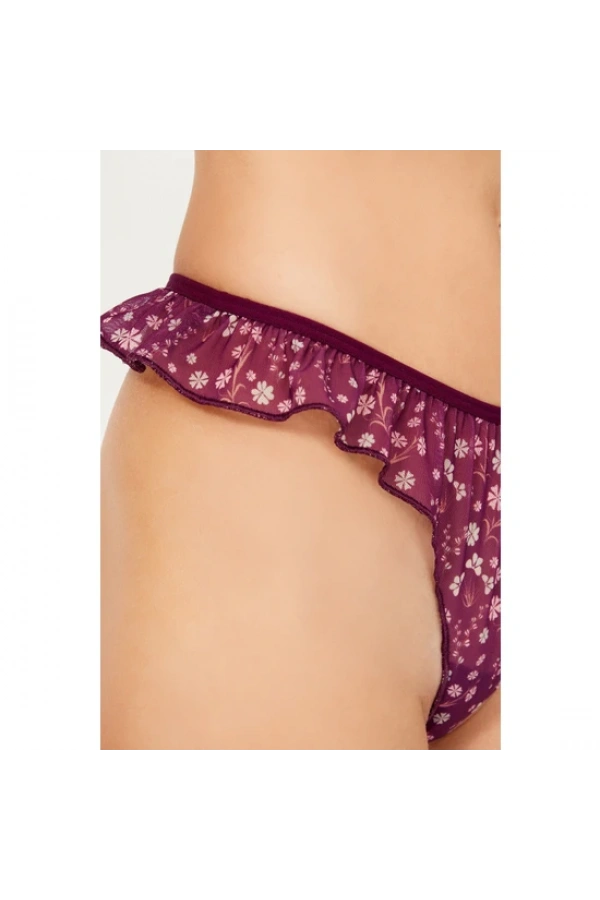 COTTONHİLL Çiçek Desenli Tül Kenarları Fırfırlı  Külot-MÜRDÜM