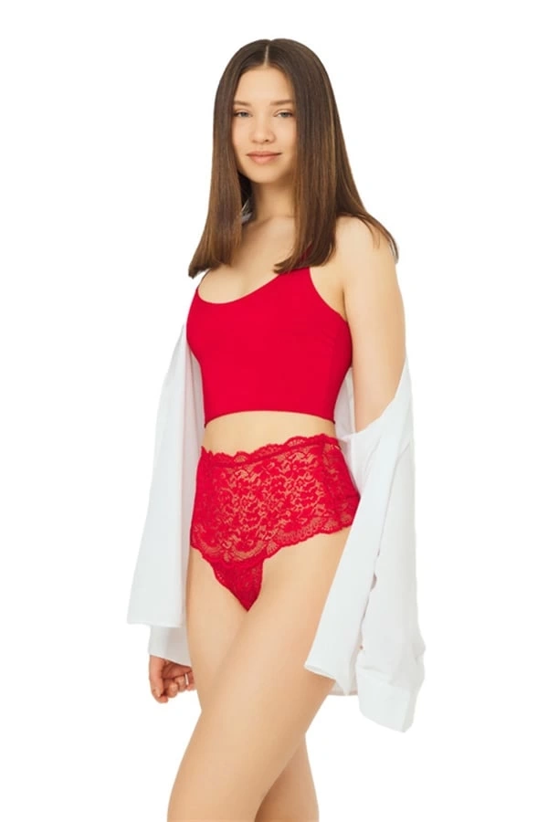 COTTONHİLL Dantelli Lastik Detaylı Yüksek Bel Kadın Külot-KIRMIZI