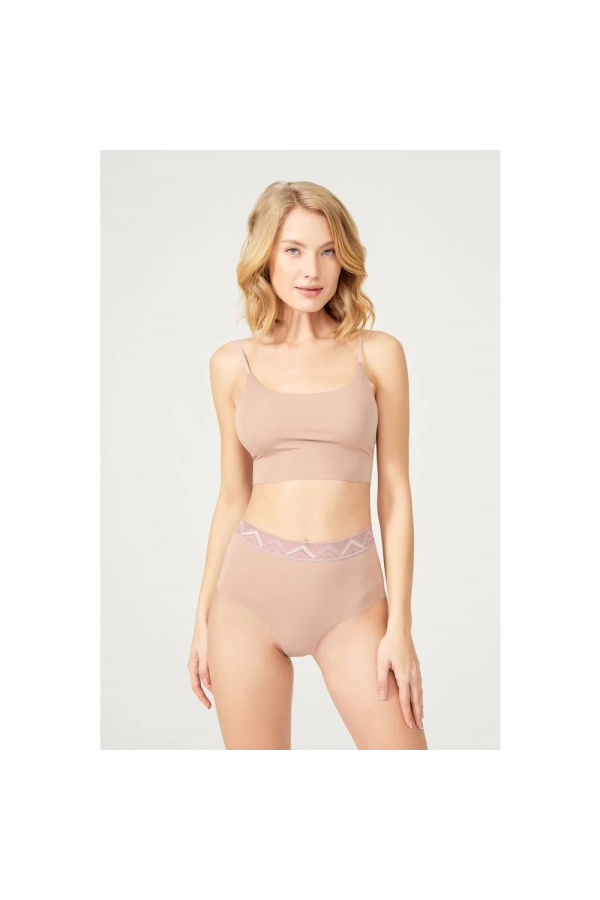 COTTONHİLL Desenli Lastikli Yüksek Bel Lazer Kesim Bikini Külot-KAHVERENGİ