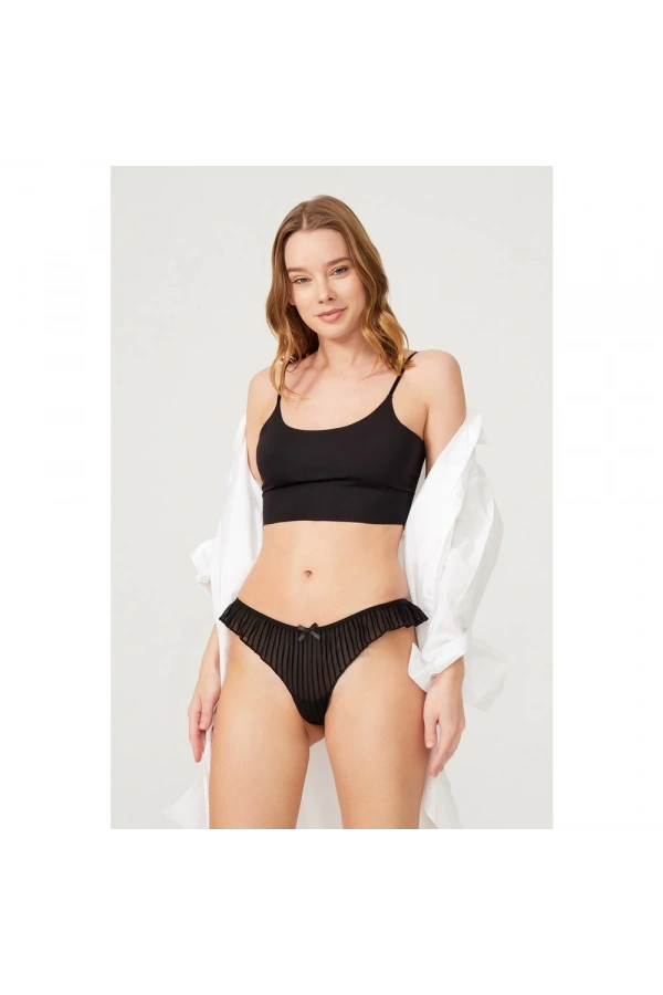 COTTONHİLL Kadife Baskılı Pileli Transparan  Külot-SİYAH