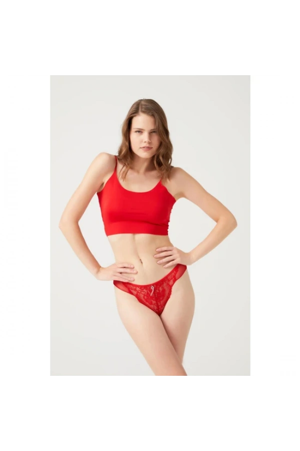 COTTONHİLL Önü Dantelli Arkası Tül Transparan Taş Detaylı Kadın Brezilya Külot