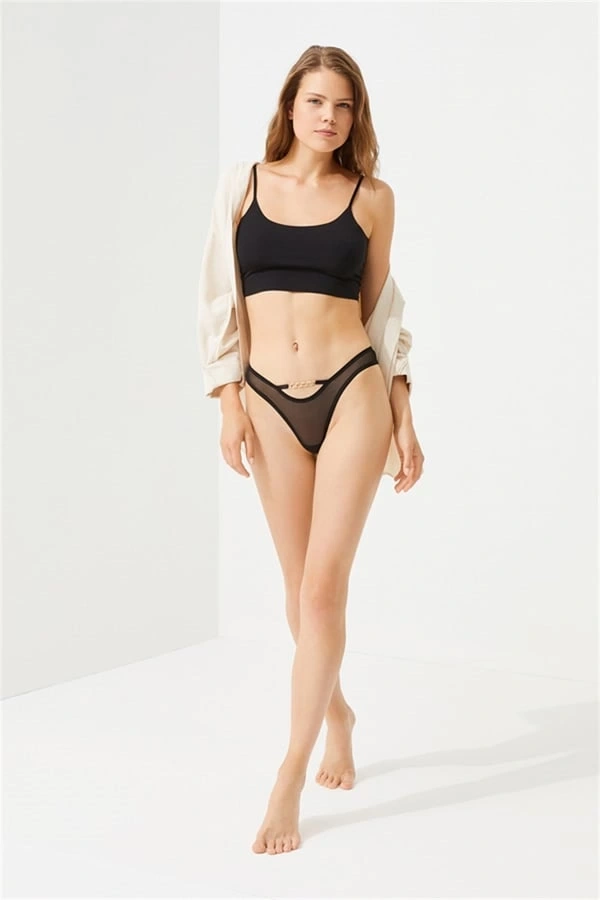 COTTONHİLL TÜLLÜ TRANSPARAN ZİNCİR DETAYLI BAYAN BREZİLYAN KÜLOT-6083-SİYAH