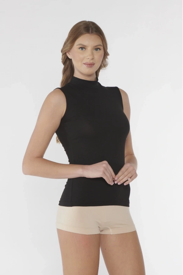 Kolcu Balıkçı Yaka Sıfır Kol Siyah Atlet - 2614