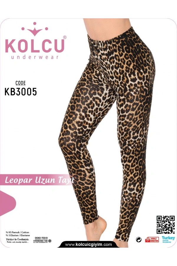 Kolcu Geniş Leopar Desenli Likralı Uzun Kadın Tayt - KB3005