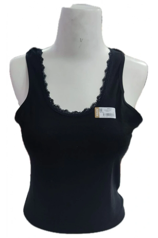 Kolcu Geniş Askılı Dantel Detaylı Kadın Atlet - Siyah