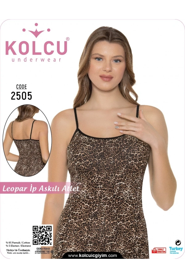 Kolcu Kadın İnce Leopar Desenli Likralı İnce İp Askılı Premium Atlet
