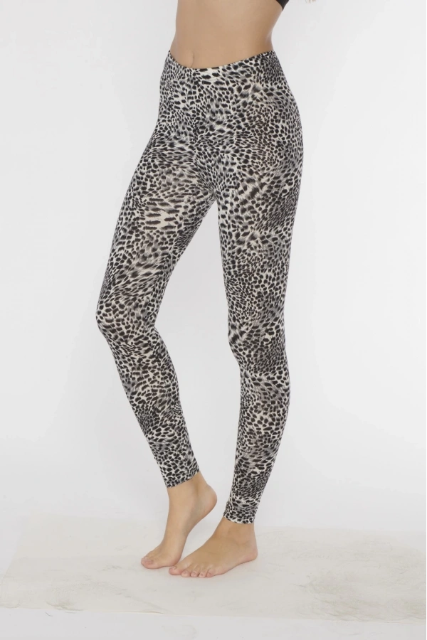 Kolcu Kar Leoparı Desenli Likralı Uzun Kadın Tayt - KB3005