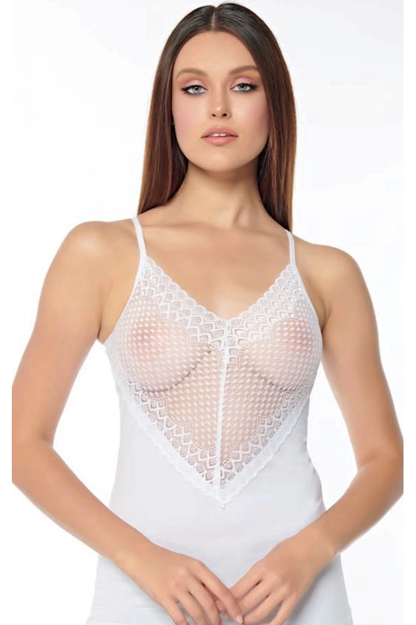 Kolcu Kalp Desen Dantel İşlemeli Askılı Kadın Beyaz Atlet