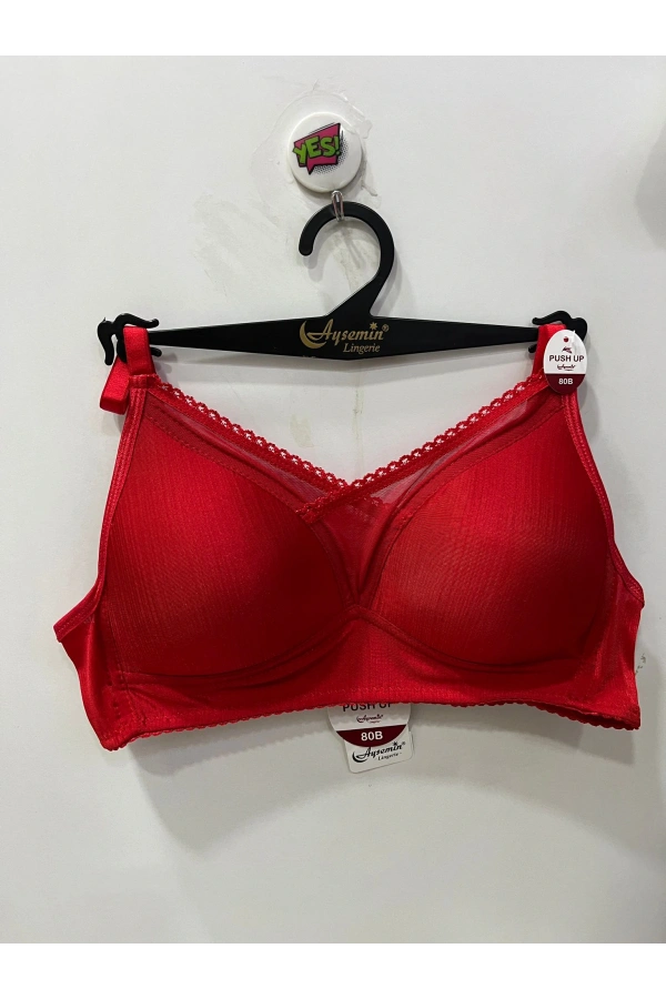 Nergiz Kadın Balensiz Yarım Destekli Tül Detaylı Toparlayıcı Kırmızı Sütyen
