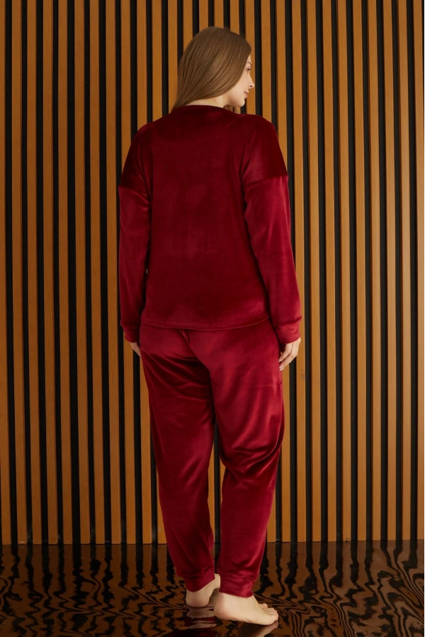 Pijamoni Battal Fransız Kadife Uzun Kollu Kadın Pijama Takımı 4220-9