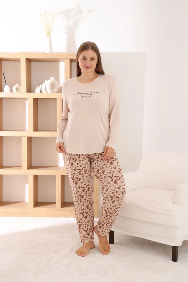 Pijamoni Kadın Büyük Beden Milan Kumaş Bisiklet Yaka Bej Pijama Takımı