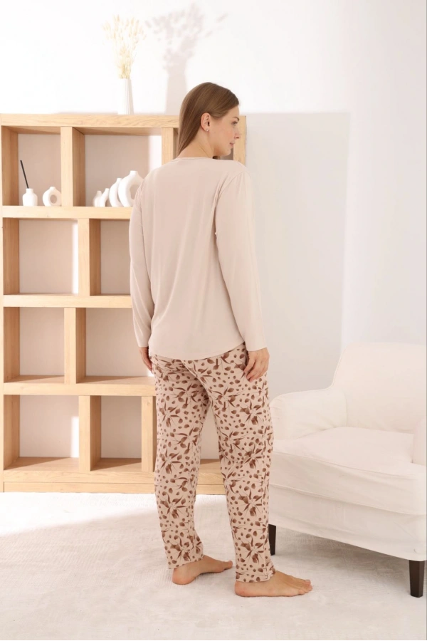 Pijamoni Kadın Büyük Beden Milan Kumaş Bisiklet Yaka Bej Pijama Takımı