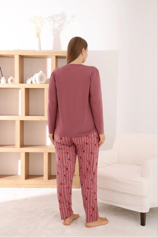 Pijamoni Kadın Büyük Beden Milan Kumaş Bisiklet Yaka Gül Kurusu Pijama Takımı