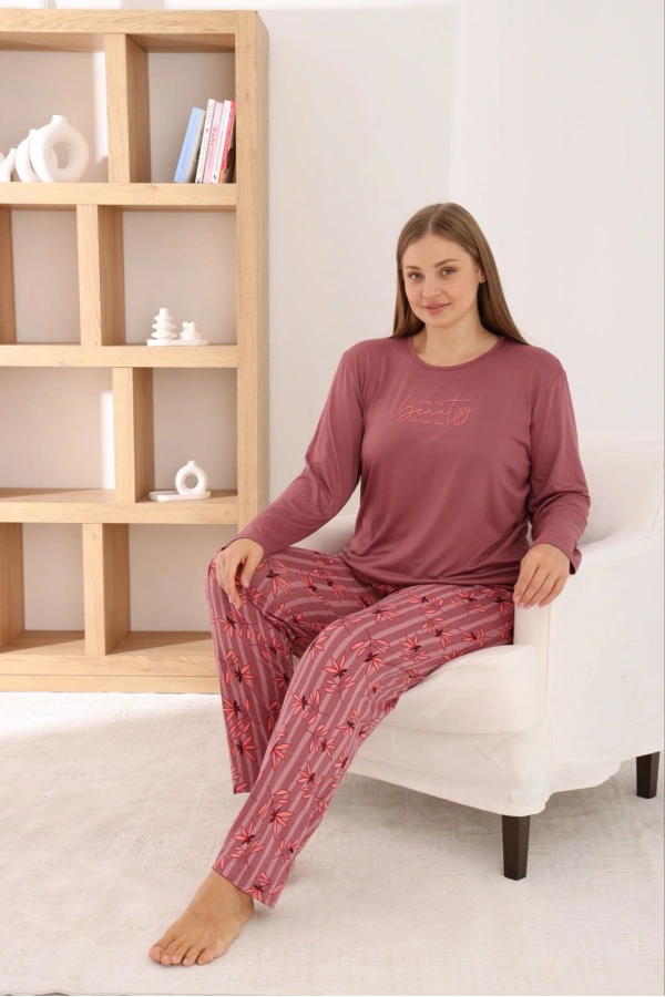 Pijamoni Kadın Büyük Beden Milan Kumaş Bisiklet Yaka Gül Kurusu Pijama Takımı