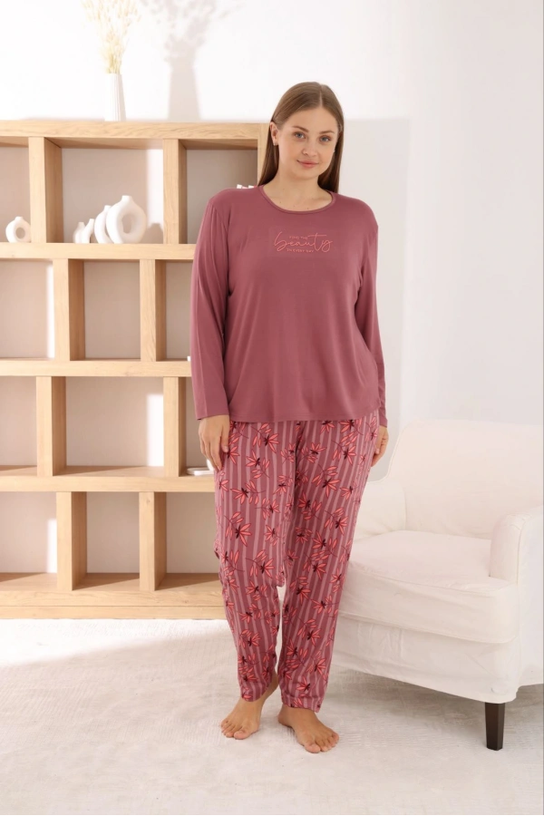 Pijamoni Kadın Büyük Beden Milan Kumaş Bisiklet Yaka Gül Kurusu Pijama Takımı