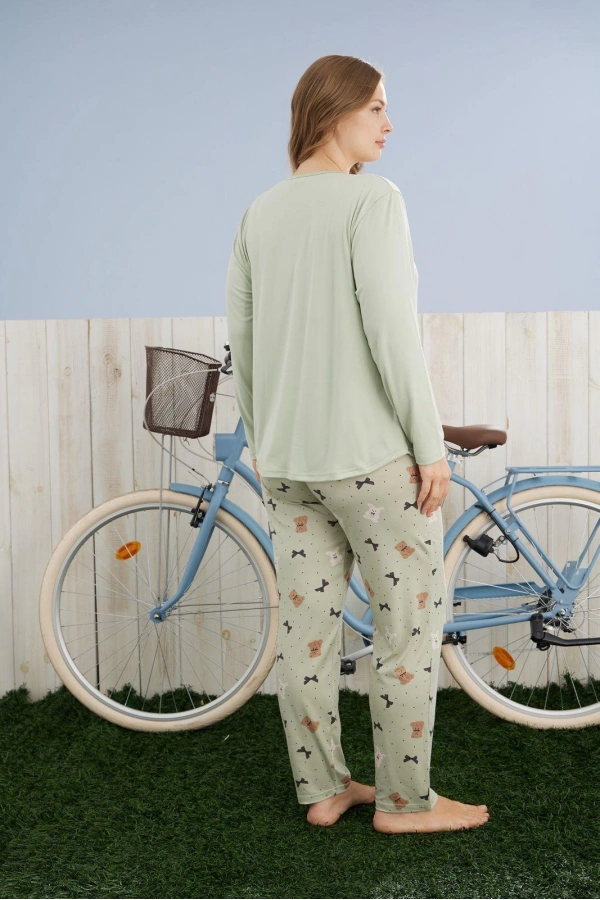 Pijamoni Kadın Büyük Beden Milan Kumaş Bisiklet Yaka Su Yeşili Pijama Takımı - 7666