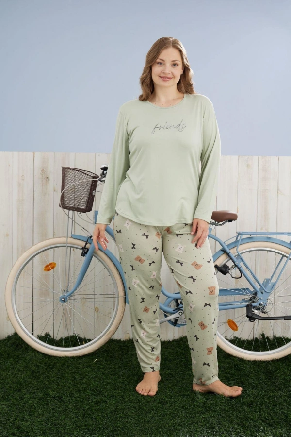 Pijamoni Kadın Büyük Beden Milan Kumaş Bisiklet Yaka Su Yeşili Pijama Takımı - 7666