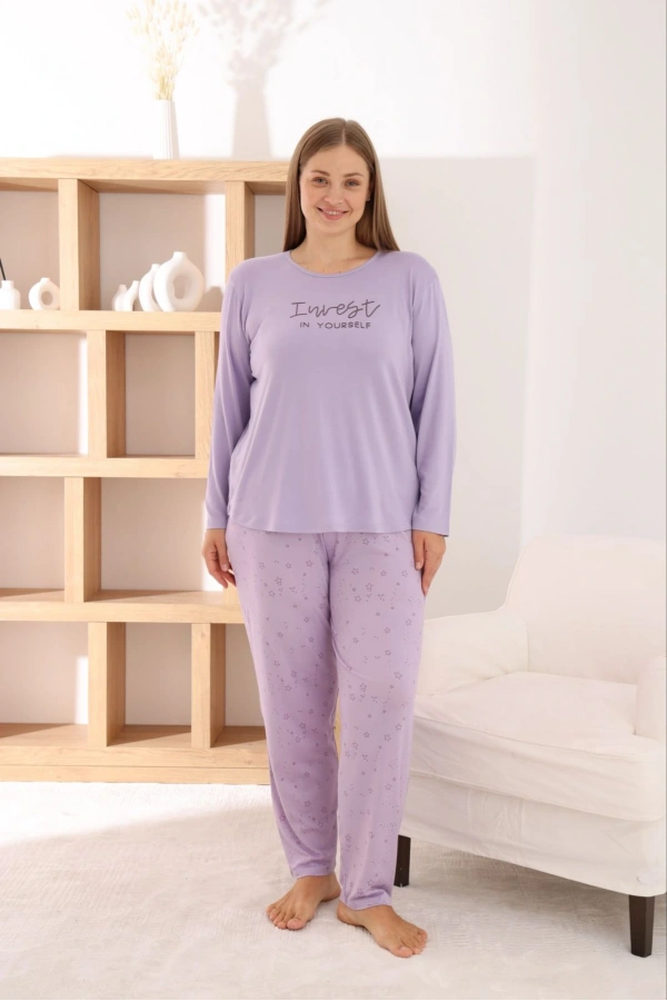 Pijamoni Kadın Büyük Beden Milan Kumaş Bisiklet Yaka Lila Pijama Takımı