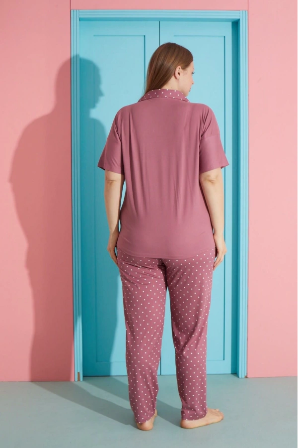 Pijamoni Büyük Beden Milan Kumaş Önü Düğmeli D. Gül Kurusu Kadın Pijama Takımı-7560