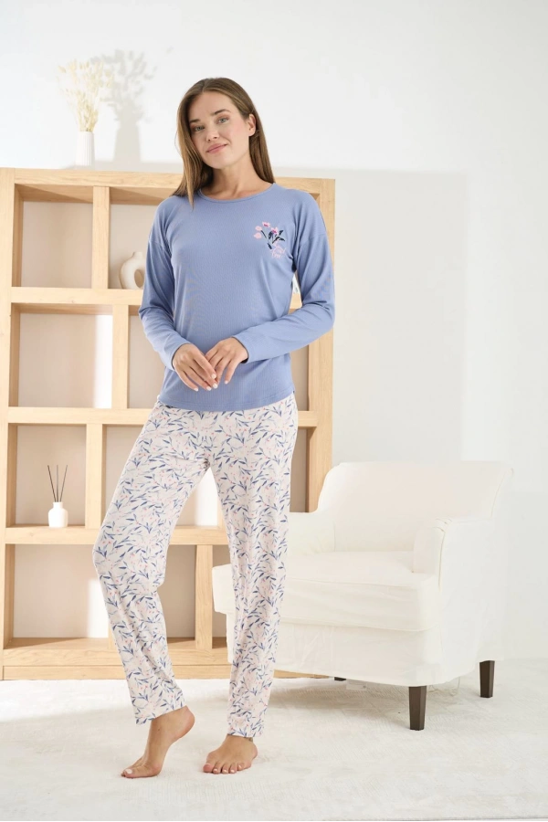 Pijamoni Kadın Berlin Kumaş Bisiklet Yaka Mavi Pijama Takımı - 8811