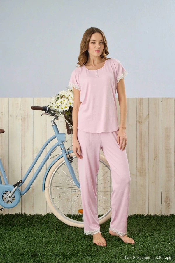 Pijamoni Dublin Kumaş Dantel Detaylı Kısa Kol Pembe Pijama Takımı - 5345