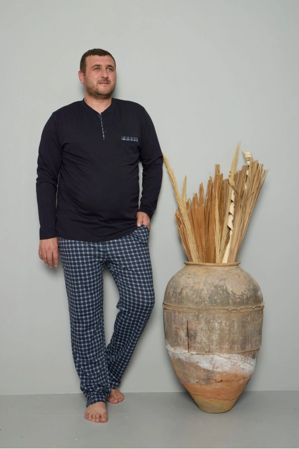 Pijamoni Erkek Büyük Beden Bisiklet Yaka Koyu Lacivert Pijama Takımı