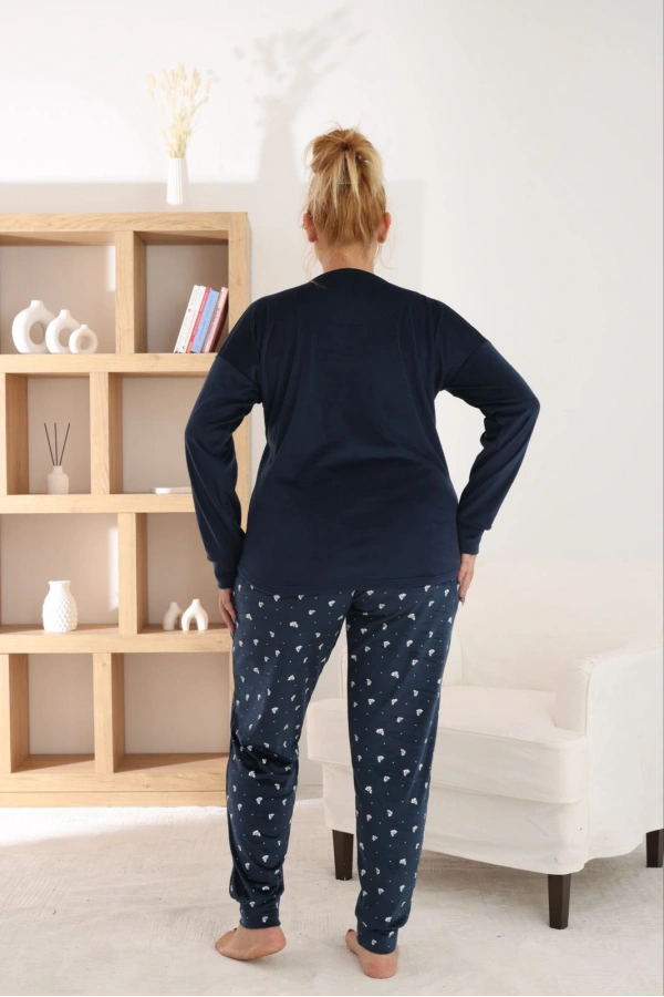 Pijamoni Kadın Büyük Beden Yumuşak Kadife Lacivert Pijama Takımı