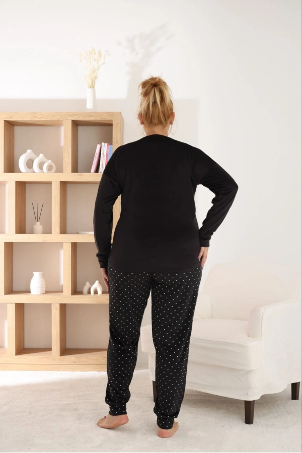 Pijamoni Kadın Büyük Beden Yumuşak Kadife Siyah Pijama Takımı