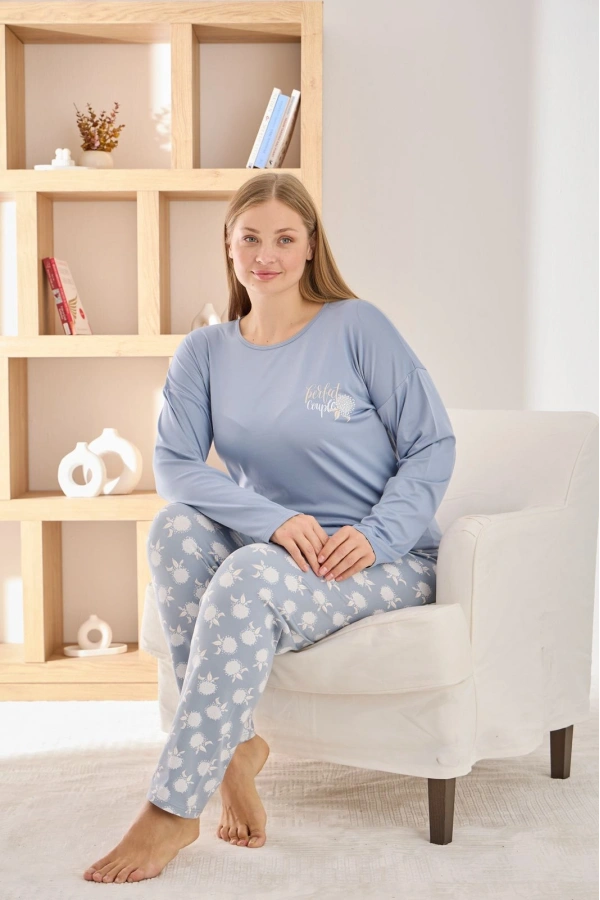 Pijamoni Kadın Büyük Beden Şık Sofia Kumaş Pijama Takımı - Mavi