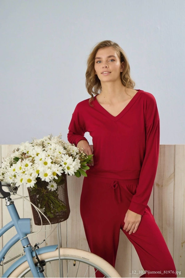 Pijamoni Dublin Kumaş Rodoplu Kırmızı Pijama Takımı - 5335