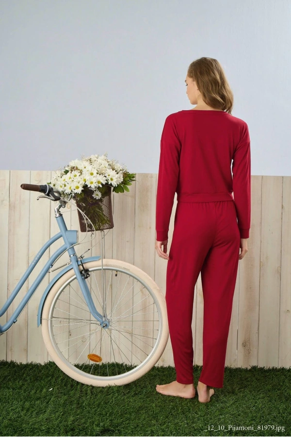 Pijamoni Dublin Kumaş Rodoplu Kırmızı Pijama Takımı - 5335