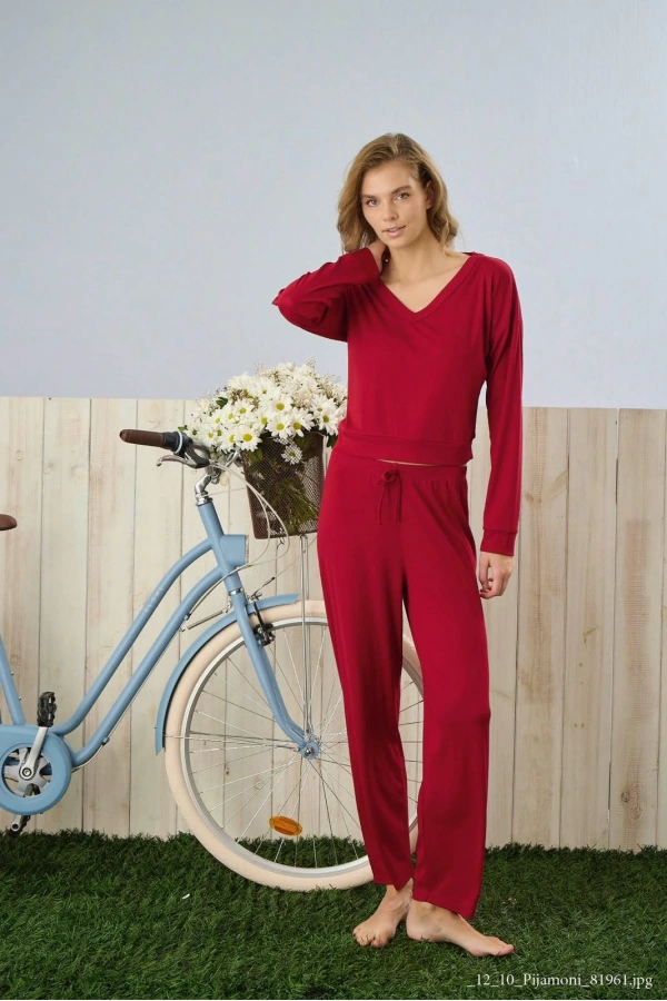 Pijamoni Dublin Kumaş Rodoplu Kırmızı Pijama Takımı - 5335