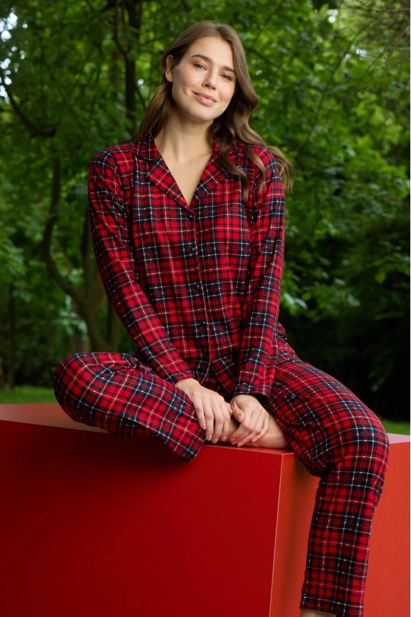 Pijamoni Kadın Ekose Desenli Önü Düğmeli Kırmızı Pijama Takımı - 5660