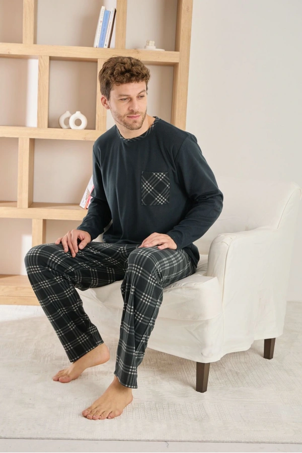 Pijamoni Erkek Uzun Kollu Kareli Cepli Kışlık Antrasit Pijama Takımı