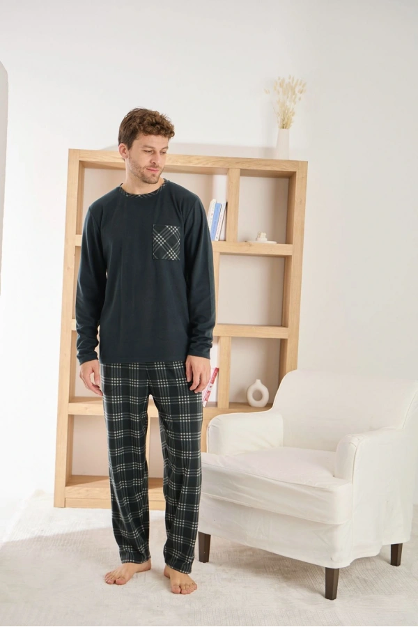 Pijamoni Erkek Uzun Kollu Kareli Cepli Kışlık Antrasit Pijama Takımı