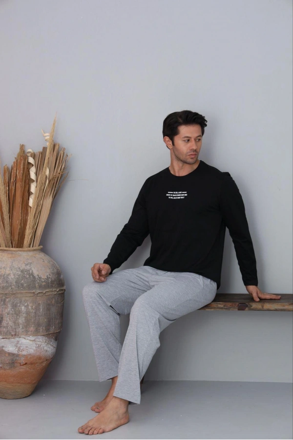 Pijamoni Erkek Bisiklet Yaka Milan Kumaş Siyah Pijama Takımı