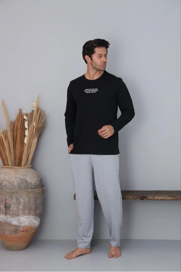 Pijamoni Erkek Bisiklet Yaka Milan Kumaş Siyah Pijama Takımı