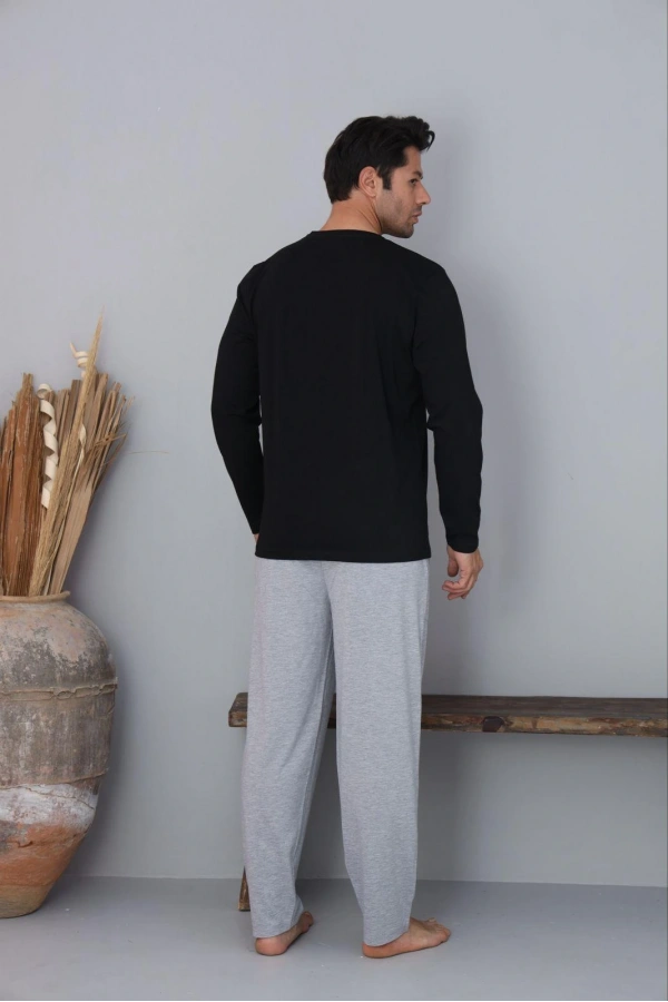 Pijamoni Erkek Bisiklet Yaka Milan Kumaş Siyah Pijama Takımı