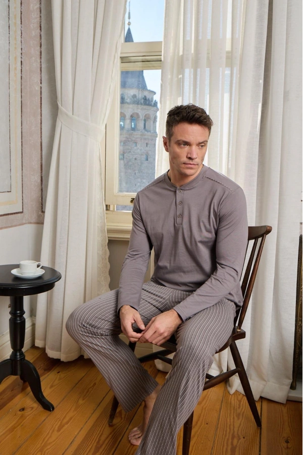 Pijamoni Erkek Penye Kumaş Düğmeli Yaka Vizyon Renk Pijama Takımı