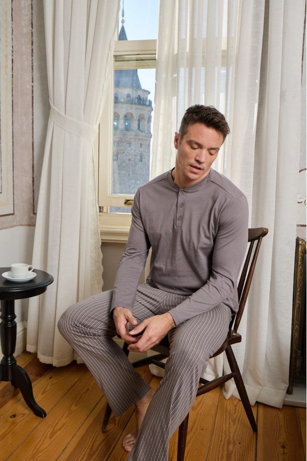 Pijamoni Erkek Penye Kumaş Düğmeli Yaka Vizyon Renk Pijama Takımı