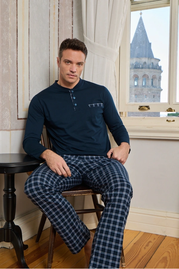 Pijamoni Erkek Pamuklu Ekose Gömlek Yaka Düğmeli Pijama Takımı