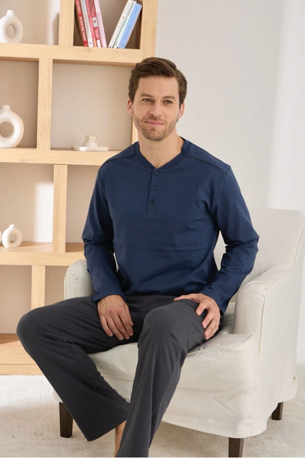 Pijamoni Erkek Regular Fit Düğmeli Yaka Lacivert Pijama Takımı