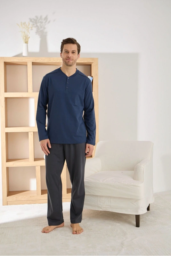 Pijamoni Erkek Regular Fit Düğmeli Yaka Lacivert Pijama Takımı
