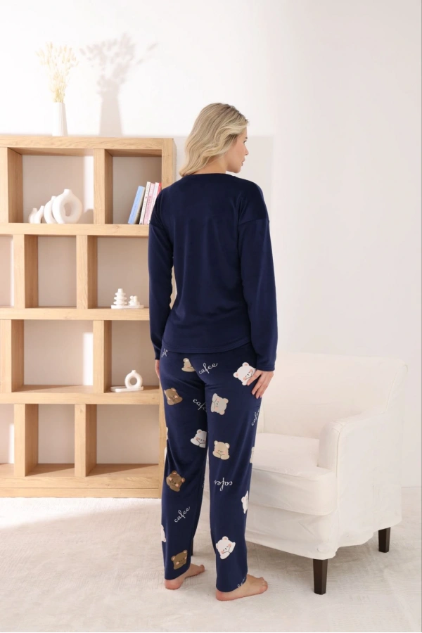 Pijamoni Kadın Fransız Kumaş V Yaka Ayıcık Baskılı Lacivert Pijama Takımı