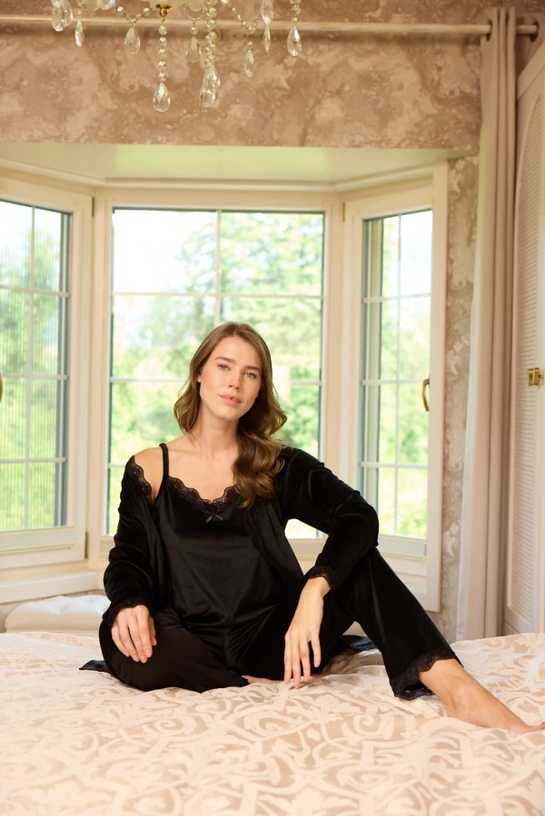 Pijamoni Kadın Fransız Kadife 3lü Şık Askılı Siyah Pijama Takımı - 5545