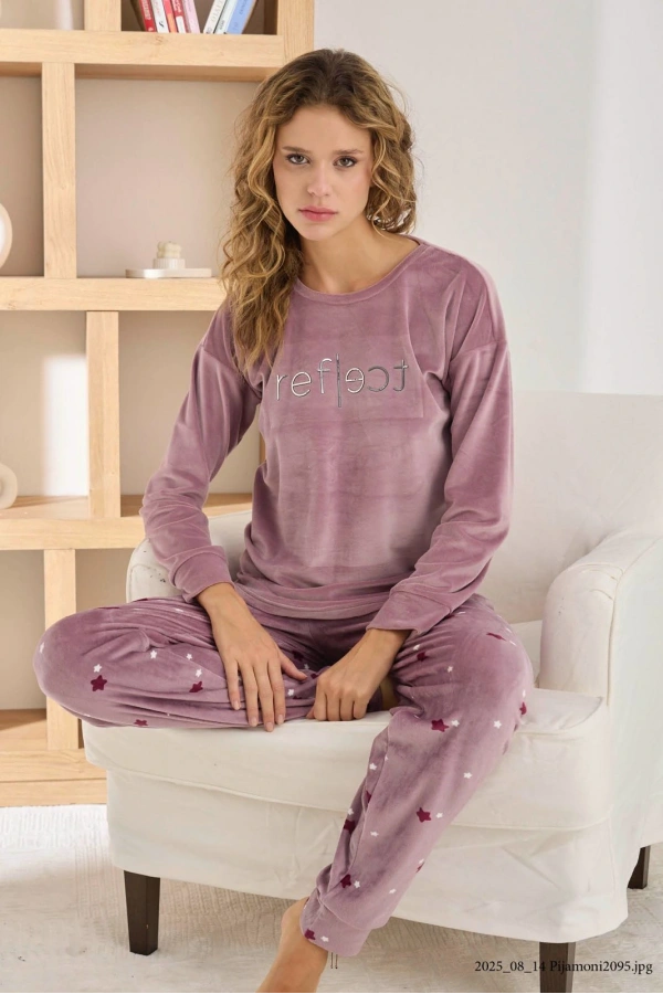 Pijamoni Kadın Fransız Kadife Lila Lüks Pijama Takımı