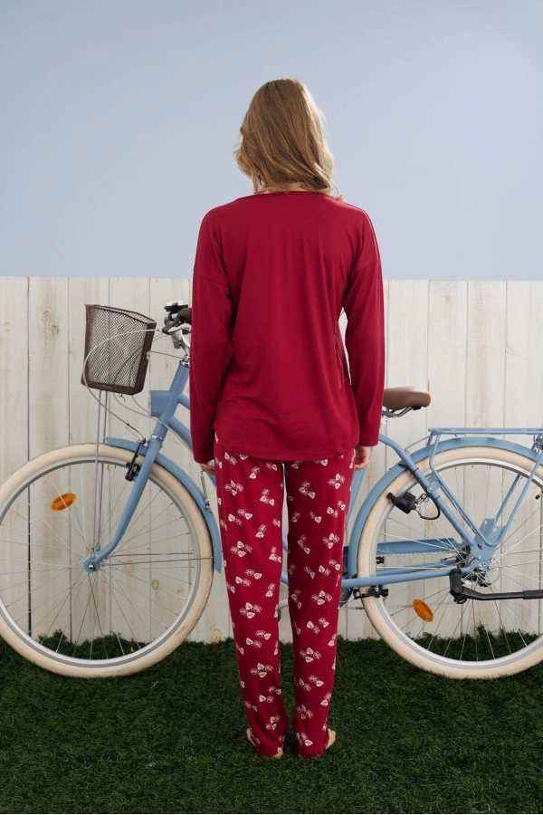 Pijamoni Kadın Milan Kumaş Bisiklet Yaka Pijama Takımı - Bordo
